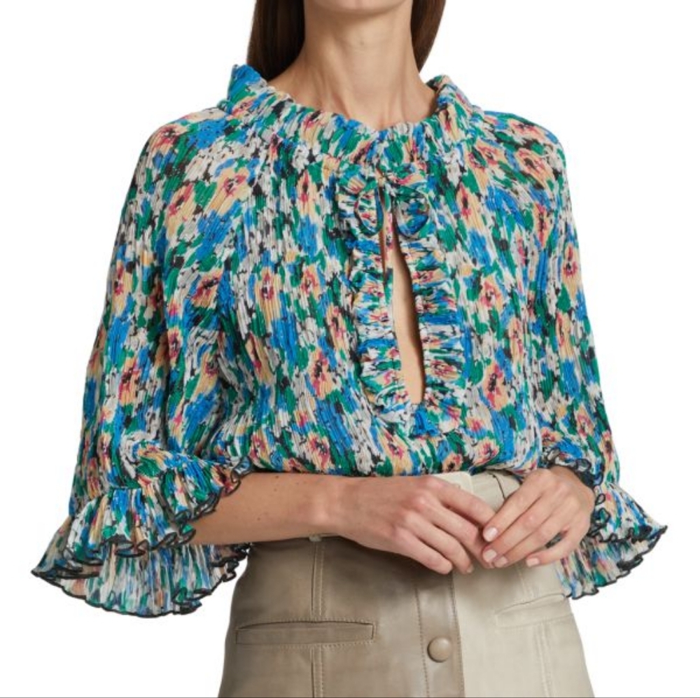 Ganni Pleated Floral Georgette Top